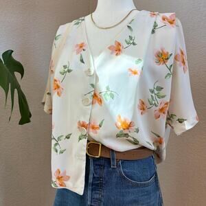 90s Minimalist Romantic Floral Top Ivory Peach
